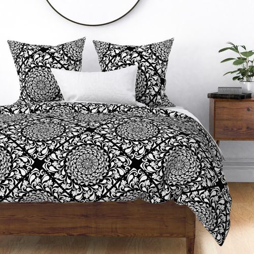 Large Black And White Paisley Floral Rosette Mandala Heritage Diamond Tile