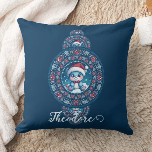 Custom Name Holiday Kawaii Bear Ornamental Mandala Throw Pillow