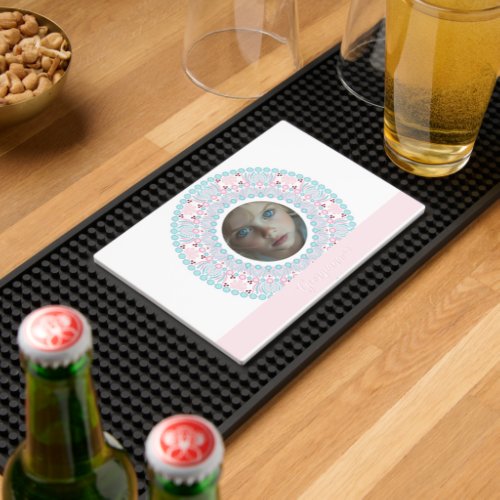 Custom Pretty Pastel Pink and Blue Mandala Frame Bar Mat
