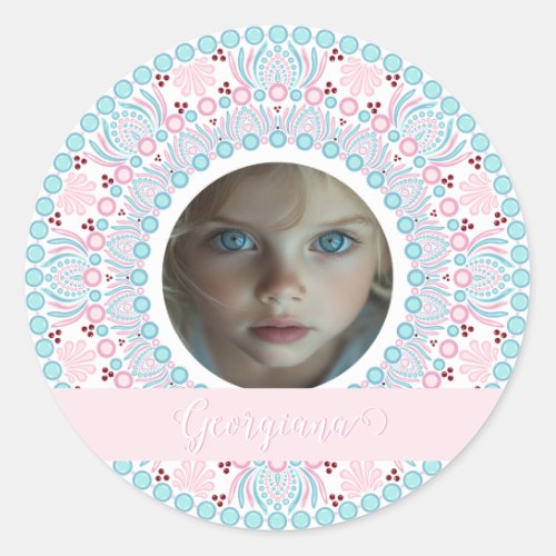 Custom Pretty Pastel Pink and Blue Mandala Frame Classic Round Sticker