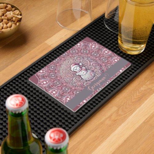 Cute Custom Name Whimsical Pink Snowman Mandala Bar Mat