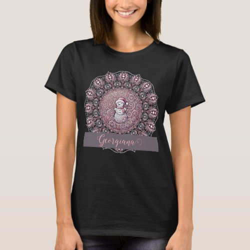 Cute Custom Name Whimsical Pink Snowman Mandala T-Shirt