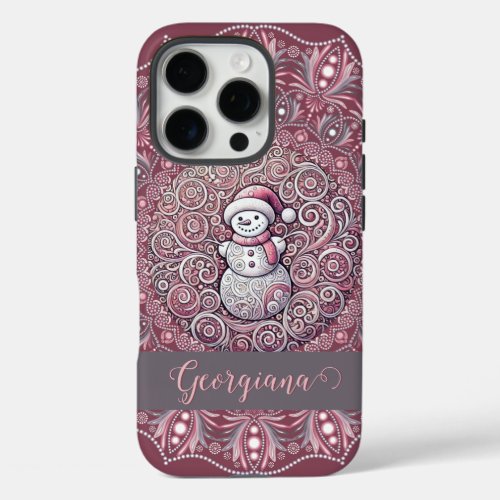 Cute Custom Name Whimsical Pink Snowman Mandala iPhone 16 Pro Case