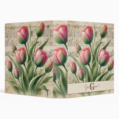 Monogram Pink & Green Vintage Tulips Sheet Music 3 Ring Binder