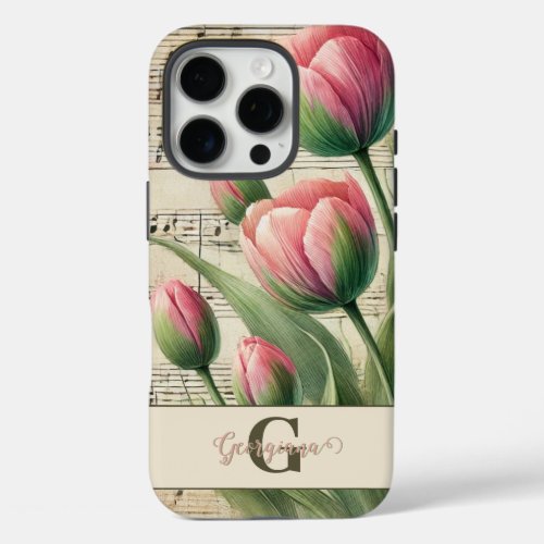 Monogram Pink & Green Vintage Tulips Sheet Music iPhone 16 Pro Case