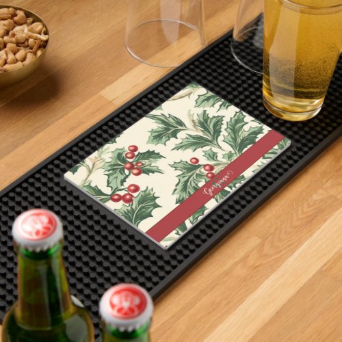 Monogram Vintage Christmas Holly & Berries Pattern Bar Mat