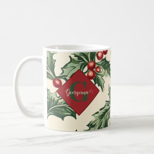Monogram Vintage Christmas Holly & Berries Pattern Coffee Mug