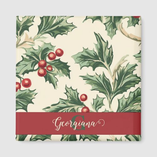 Monogram Vintage Christmas Holly & Berries Pattern Magnet