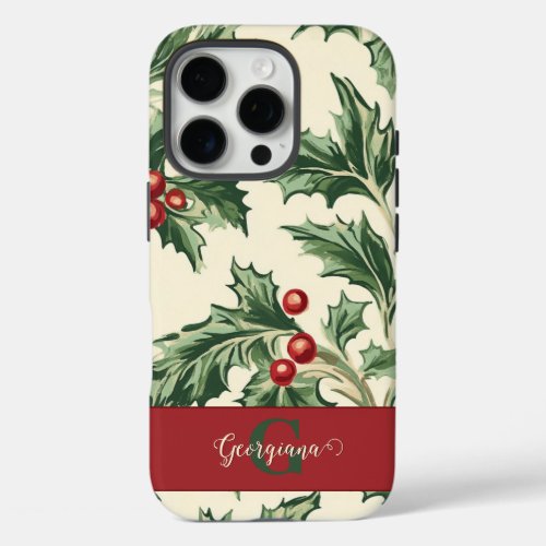 Monogram Vintage Christmas Holly & Berries Pattern iPhone 16 Pro Case