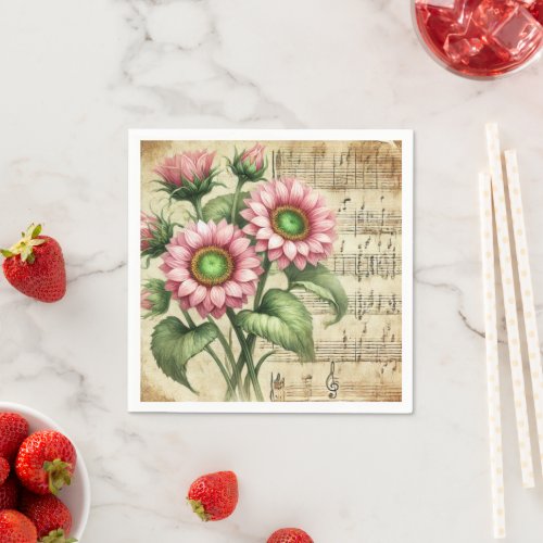 Pink & Green Sunflowers Vintage Music Découpage Napkins