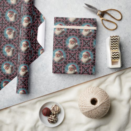Pink and Teal Retro Santa Mandala Geometric Tile Wrapping Paper