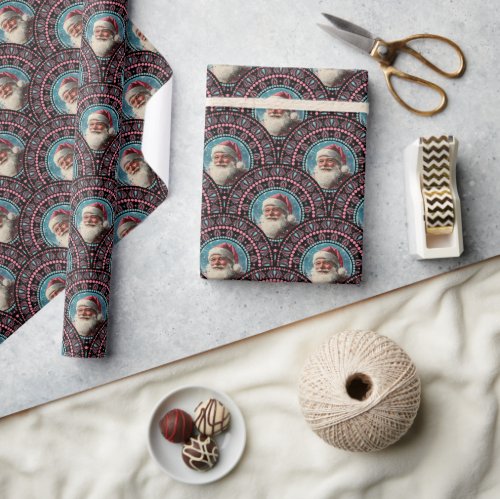 Retro Santa Pinkmas Mandala Art Deco Scallop Wrapping Paper
