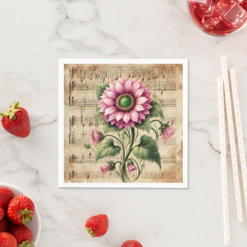 Vintage Music Pink & Green Sunflowers Decoupage Napkins