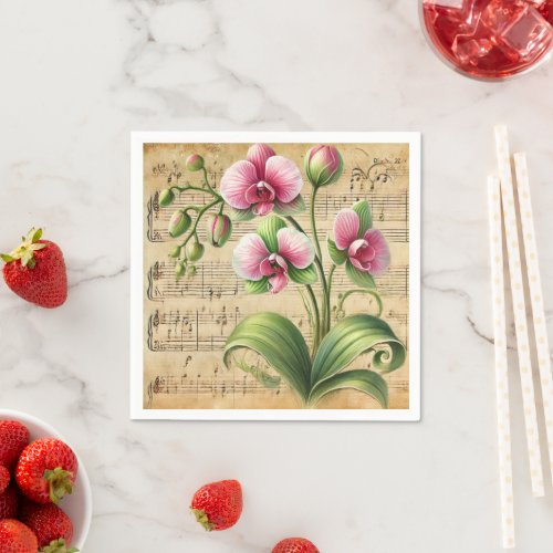Vintage Pink & Green Orchids Sheet Music Decoupage Napkins