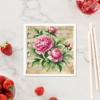 Vintage Pink &amp; Green Peonies Sheet Music Decoupage Napkins