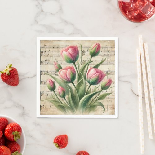 Vintage Pink & Green Tulips Sheet Music Decoupage Napkins