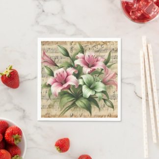 Vintage Sheet Music Pink & Green Lilies Decoupage Napkins