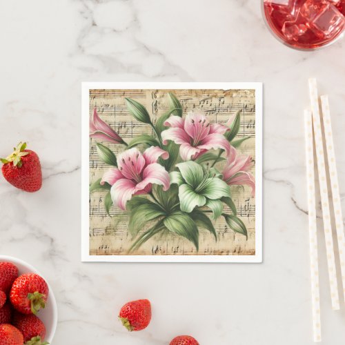 Vintage Sheet Music Pink & Green Lilies Decoupage Napkins