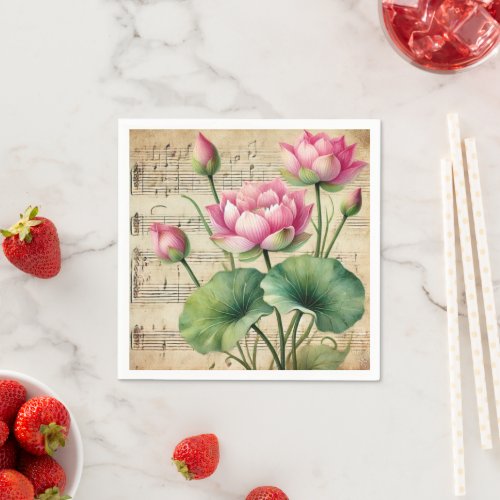 Vintage Sheet Music Pink & Green Lotus Decoupage Napkins