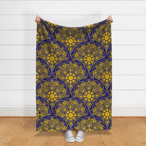 24” Navy and Gold Night Blooming Buttercup Dot Mandala Scallop - Large