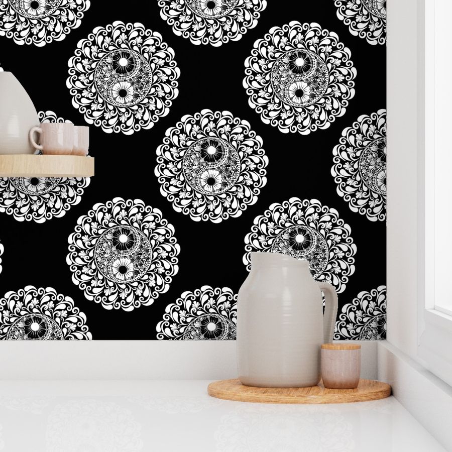 Medium Black And White Paisley Floral Yin Yang Classic Polka Dot Mandala