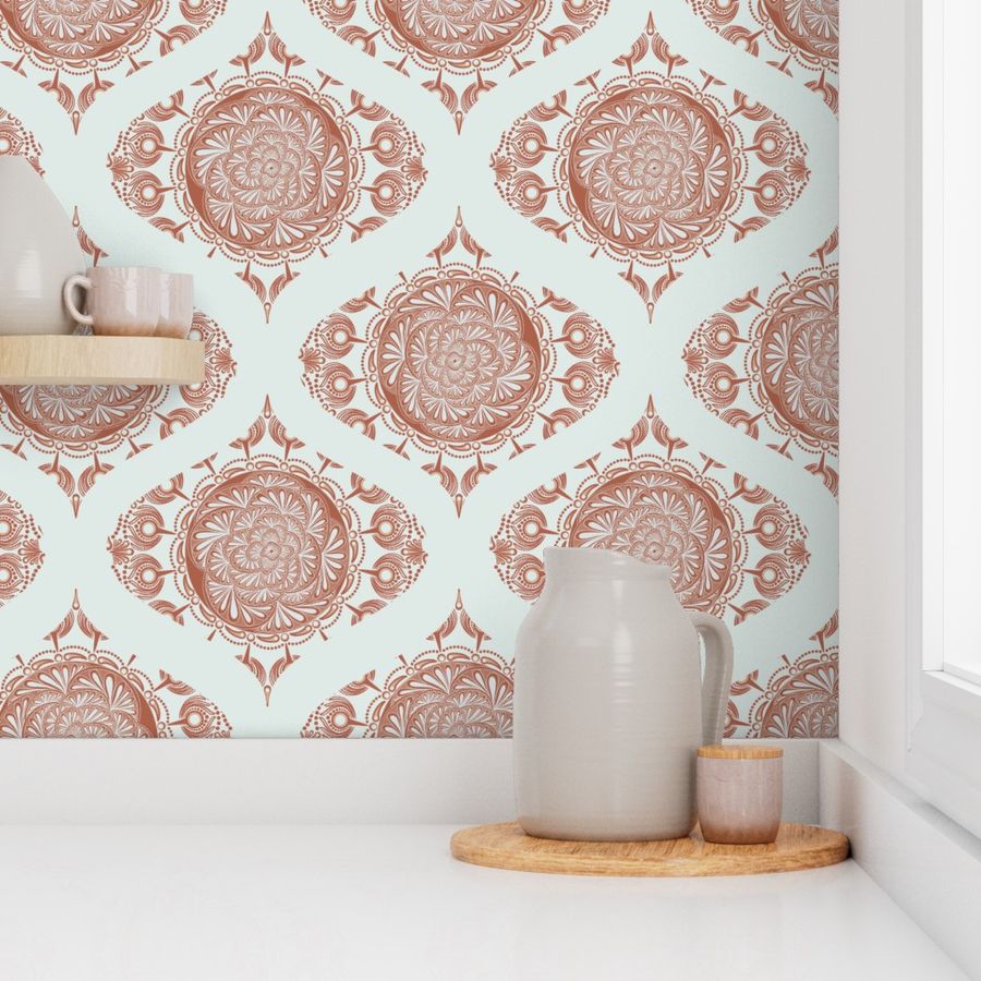 Medium Warm Autumnal Blooming Doodle Mandala Mid-Century Modern Ogee Damask