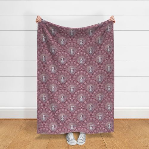 Medium Wintery Whimsical Pink Snowman Dot Mandala Elegant Art Deco Scallop