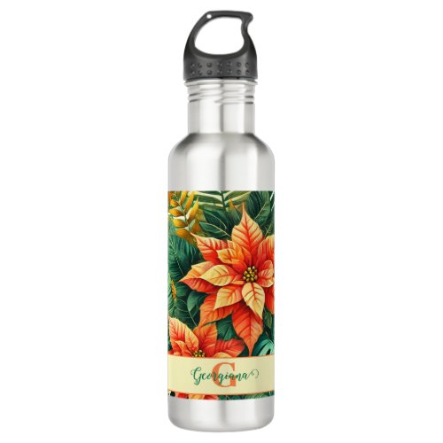 Personalized Vibrant Tropical Christmas Poinsettia Stainless Steel Water Bottle