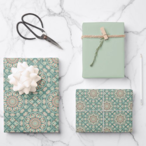 Retro Sage & Sand Ornate Mandala Diamond Tile Wrapping Paper Sheets