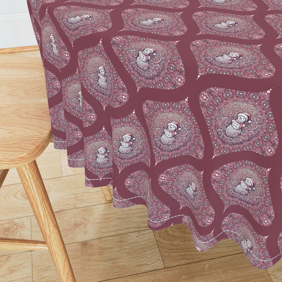Small Whimsical Pink Snowman Dot Mandala Mid-Century Modern Ogee Damask