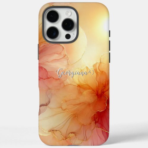 Custom Name Peach Raspberry Floral Alcohol Ink Art iPhone 16 Pro Max Case