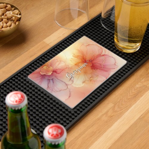 Custom Name Peach Raspberry Floral Alcohol Ink Art Bar Mat