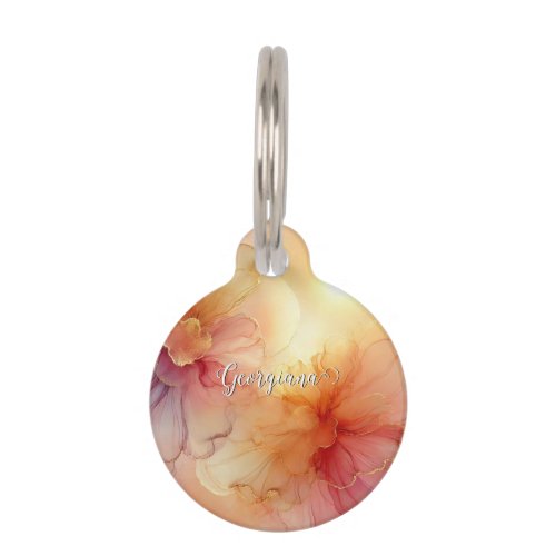 Custom Name Peach Raspberry Floral Alcohol Ink Art Pet ID Tag