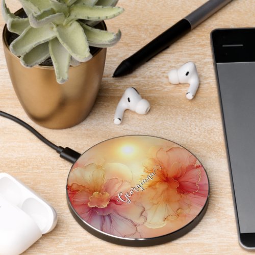 Custom Name Peach Raspberry Floral Alcohol Ink Art Wireless Charger