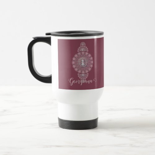 Custom Name Whimsical Snowman Ornamental Mandala Travel Mug