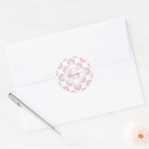 Monogrammed Pink Confetti Lace Polka Dot Mandala Classic Round Sticker