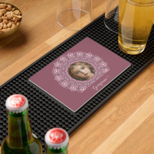 Custom Name Pretty Pink Floral Mandala Photo Frame Bar Mat
