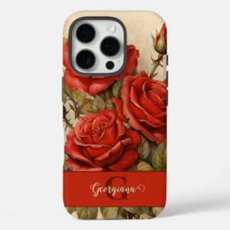 Personalized Vintage Watercolor Floral Red Roses iPhone 16 Pro Case